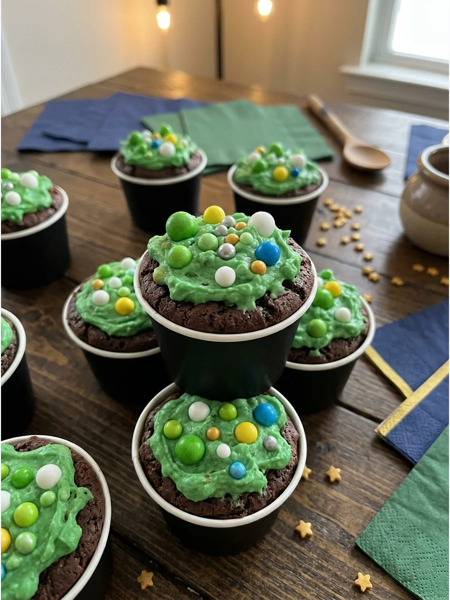 Cauldron Brownie Cups. Bake brownies or chocolate cake inside small cups and decorate them with green frosting and candy bubbles. harry potter party food
