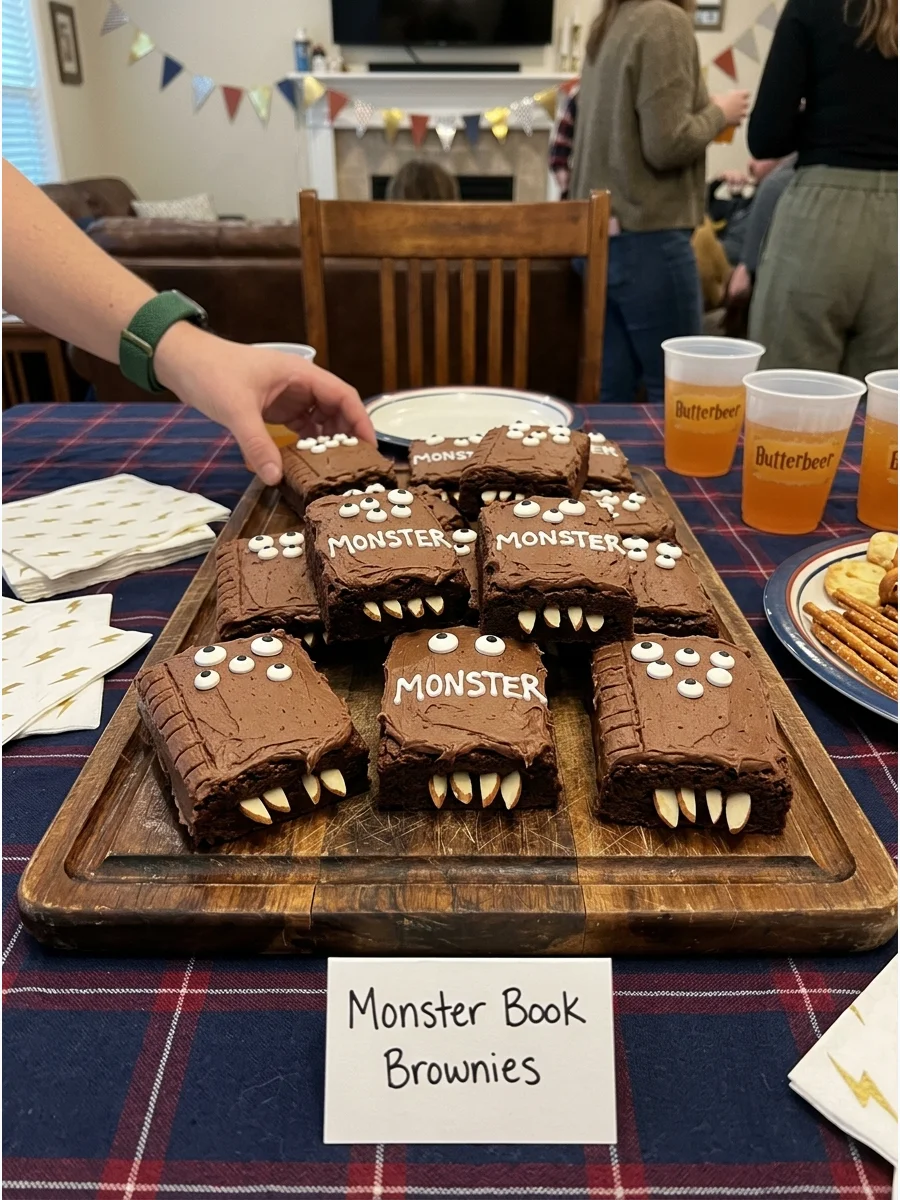 Monster Book Brownies. Decorate rectangular brownies with chocolate frosting, candy eyes, and cookie teeth to resemble magical monster books. harry potter party food