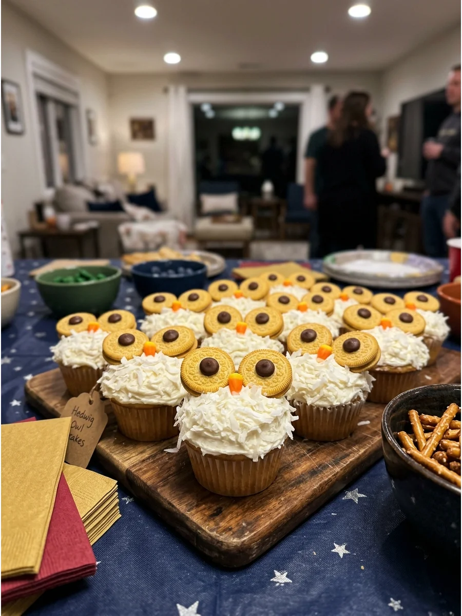 Hedwig Owl Cupcakes. Use vanilla frosting, cookies, and candy eyes to transform cupcakes into little white owls. harry potter party food