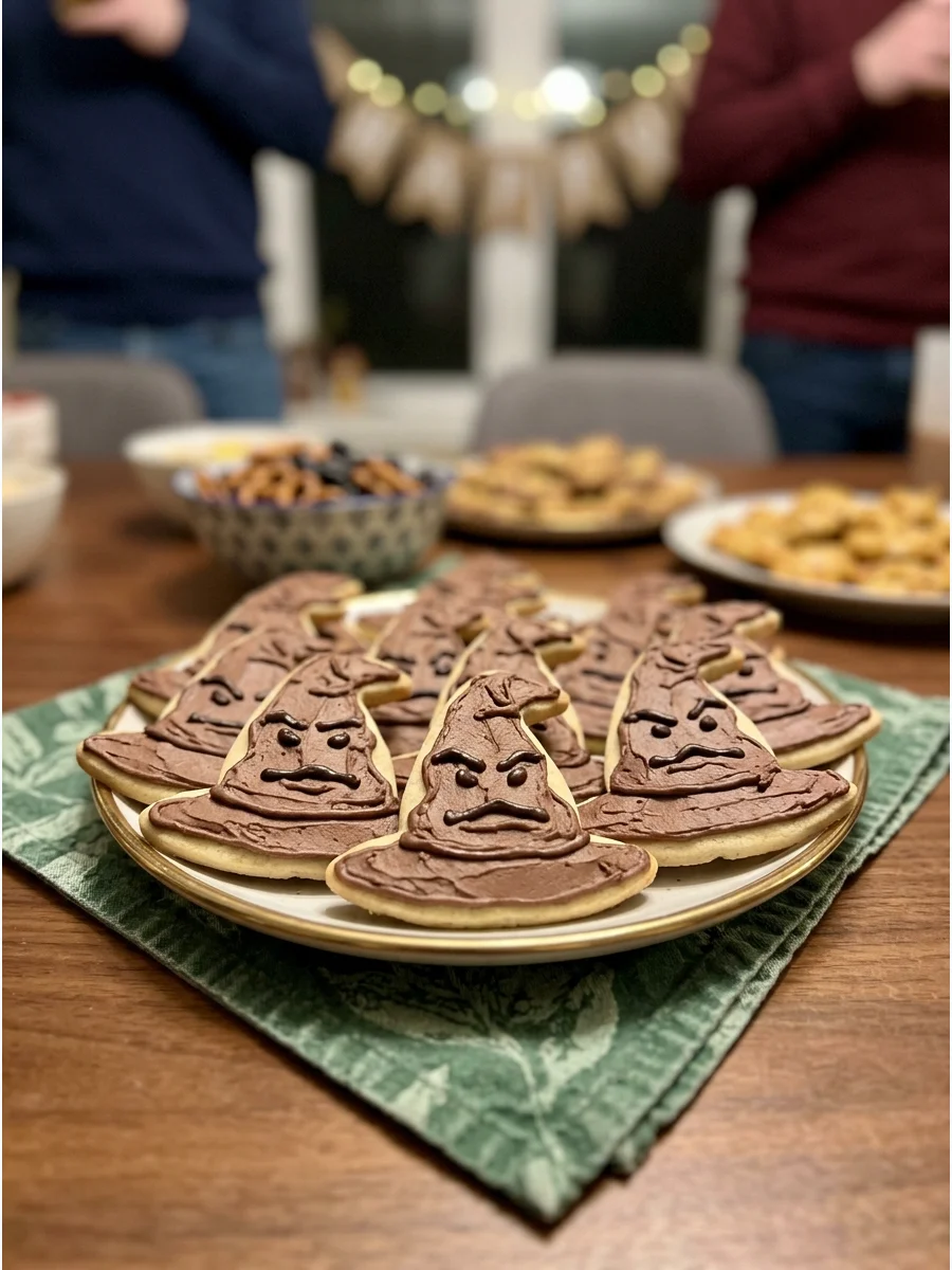 Sorting Hat Cookies. Bake pointed hat-shaped sugar cookies and decorate them with brown frosting and expressive faces. harry potter party food