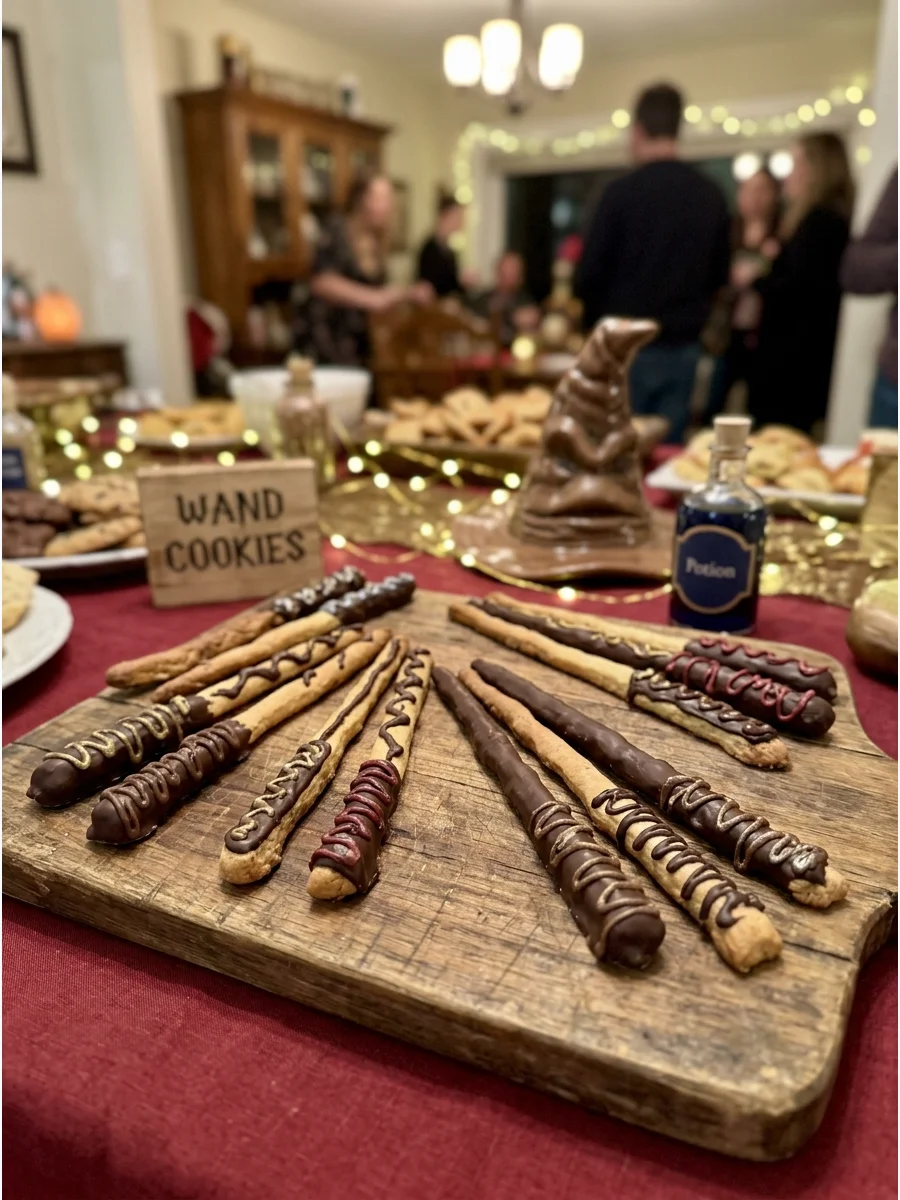 Wizard Wand Cookies. Make long thin cookies dipped in chocolate and decorated with textured icing to resemble handmade wands. harry potter party food