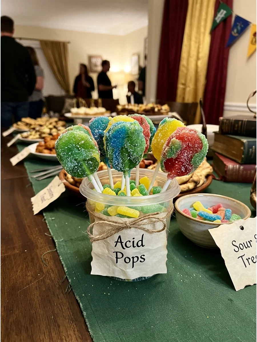 Acid Pops. Coat lollipops with colorful sour candy for a fun Honeydukes-inspired sweet. Current Harry Potter recipe collections continue to feature homemade versions of Acid Pops.