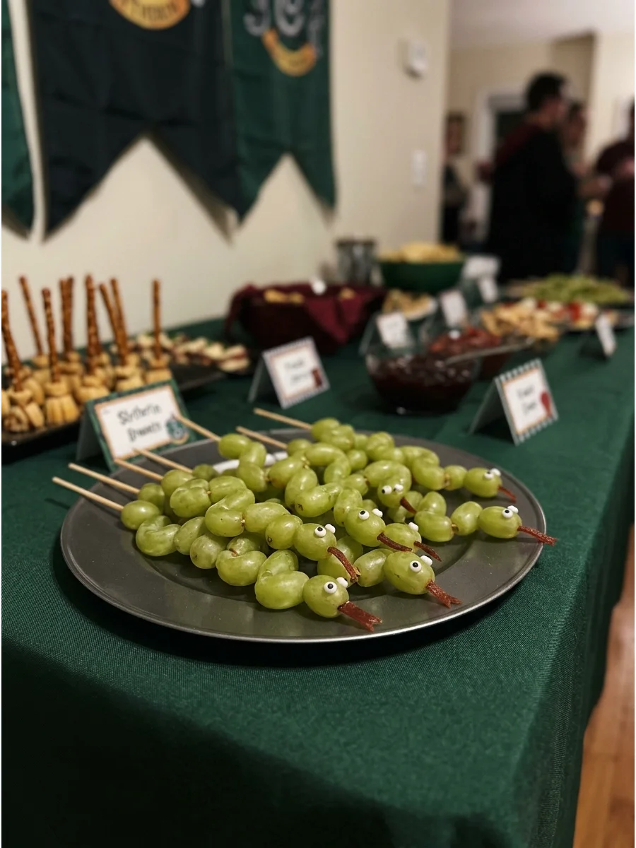 Slytherin Snake Grapes. Thread green grapes onto skewers and arrange them into winding snake shapes for a healthier themed snack. harry potter party food