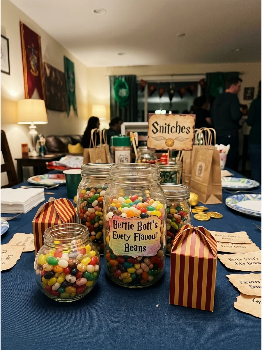 Bertie Bott's Every Flavour Jelly Beans. Fill jars, bowls, or small favor boxes with assorted jelly beans and label them as magical every-flavour beans. harry potter party food