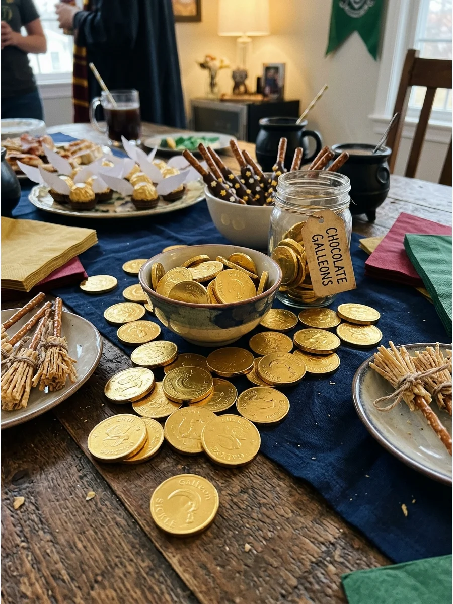 Chocolate Galleons. Use gold-wrapped chocolate coins as edible wizard currency and scatter them around the dessert table. harry potter party food