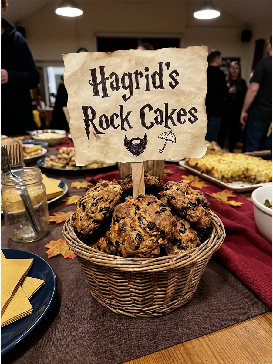 Hagrid's Rock Cakes. Bake small rustic fruit-filled cakes and display them in a basket with a Hagrid-inspired label. harry potter party food