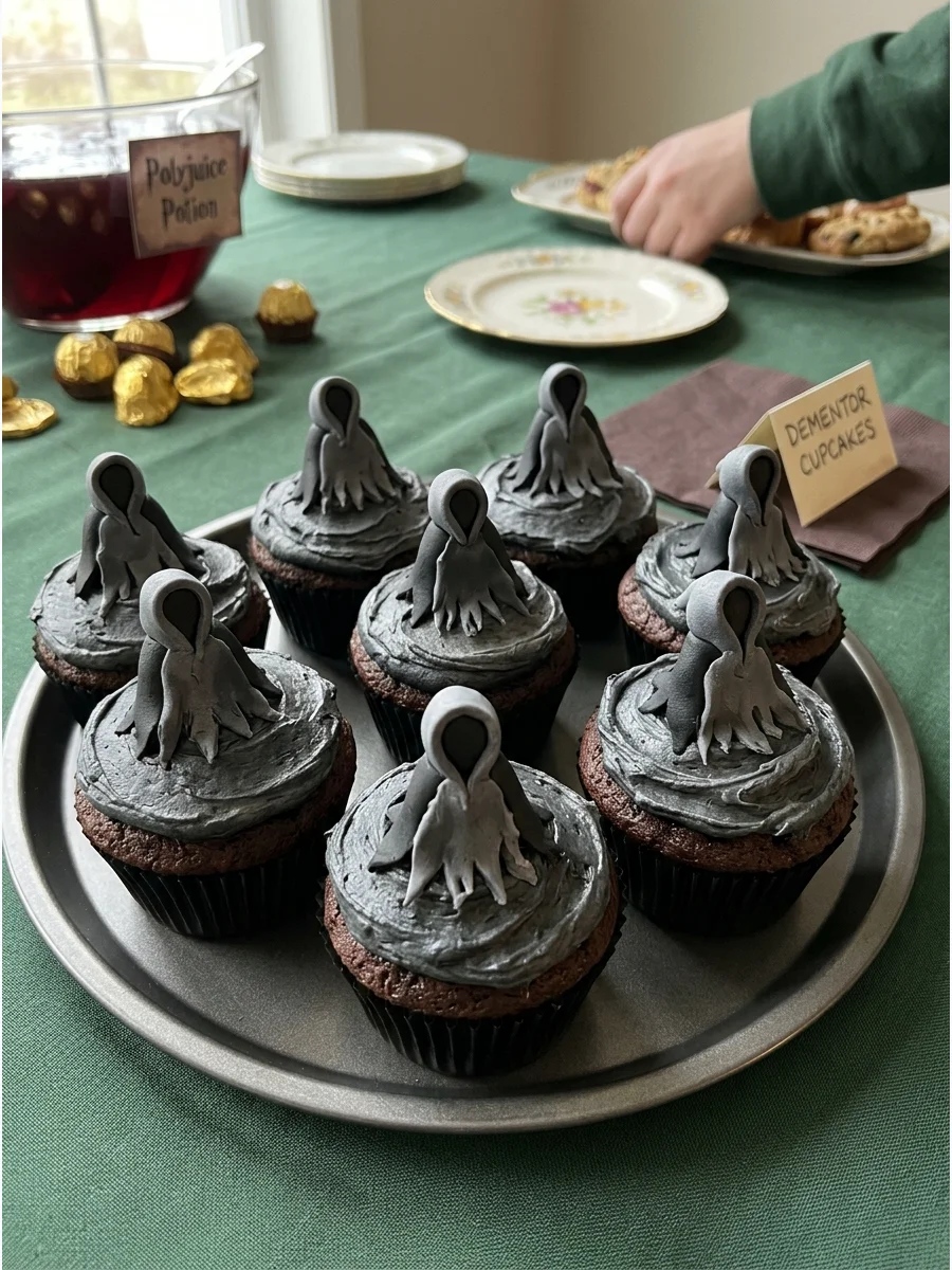 Dementor Chocolate Cupcakes. Top dark chocolate cupcakes with black or gray frosting for a moodier Harry Potter dessert table. Harry Potter Party Drinks harry potter party food