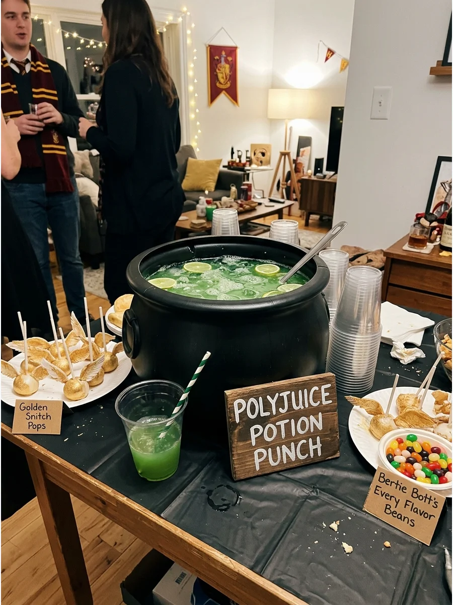 Polyjuice Potion Punch. Make a bright green punch and serve it from a clear drink dispenser or black cauldron-style punch bowl. harry potter party food