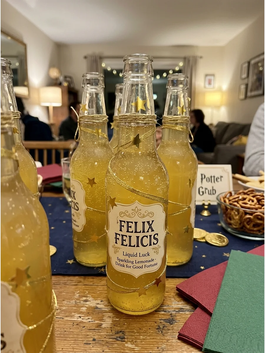 Felix Felicis Lemonade. Turn sparkling lemonade into “liquid luck” by serving it in clear bottles with gold-colored decorations and whimsical labels. harry potter party food
