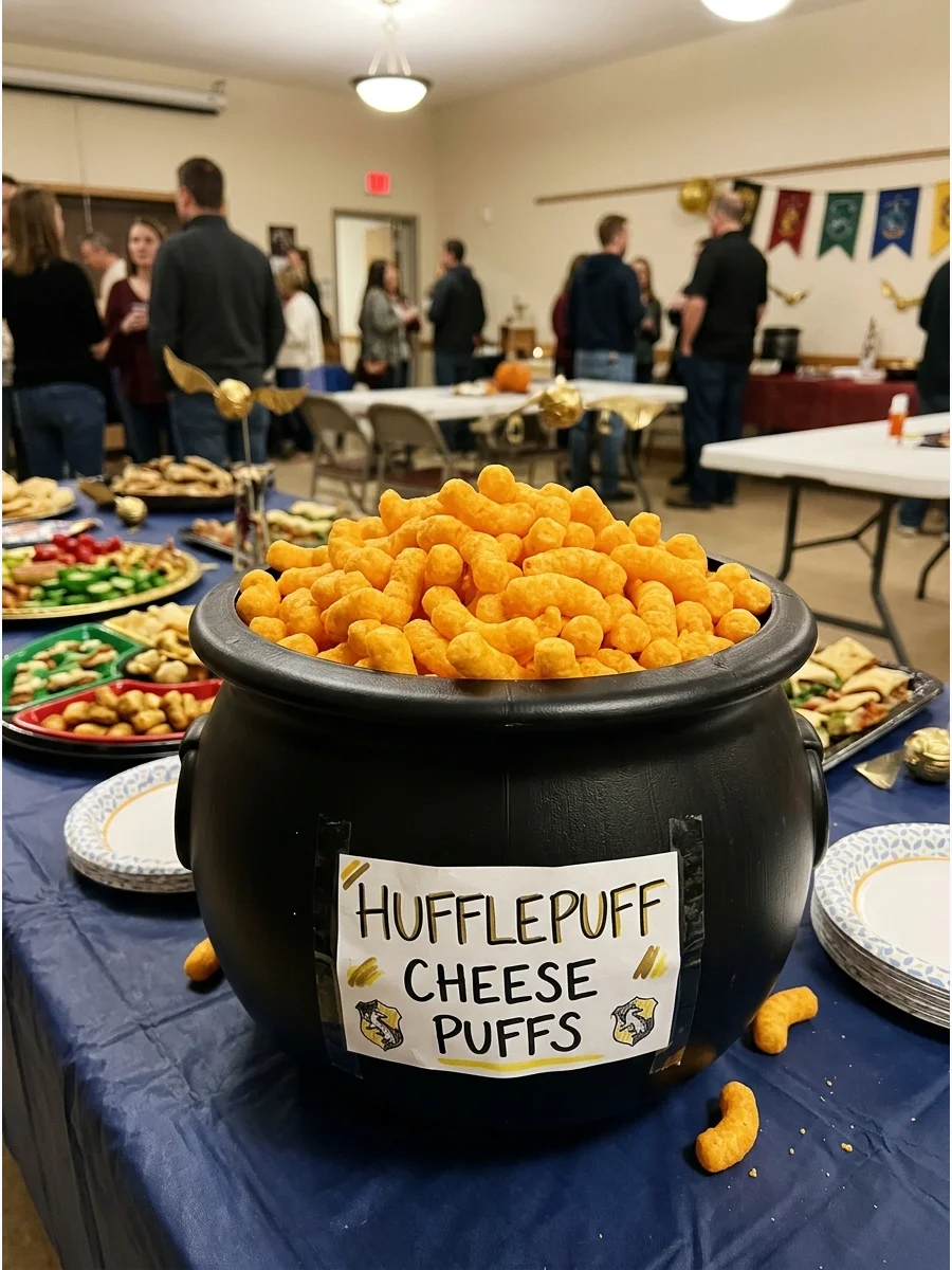 Hufflepuff Cheese Puffs. Fill a large bowl or cauldron with cheese puffs and give them a playful Hufflepuff-inspired food label. harry potter party food