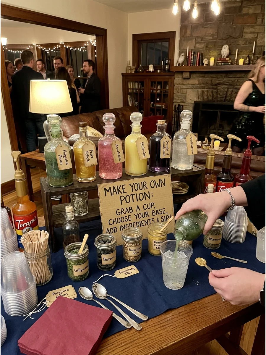 Hogwarts Potions Drink Station. Create several colorful drinks labeled as different magical potions and let guests build their own combinations. A potion bar gives the food table a