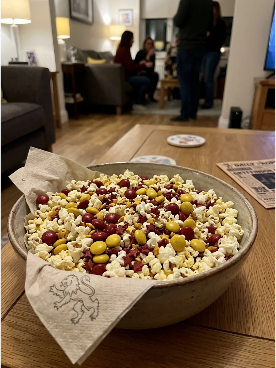 Gryffindor Popcorn. Mix popcorn with red and gold candies or sprinkles to create an easy Gryffindor-colored movie-night snack. harry potter party food
