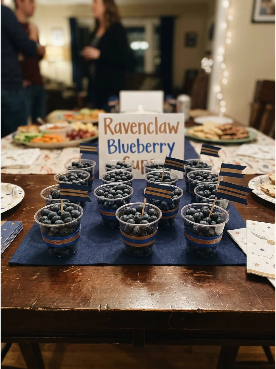 Ravenclaw Blueberry Cups. Serve blueberries in small cups with blue-and-bronze decorations for a simple Ravenclaw-inspired fruit option. harry potter party food