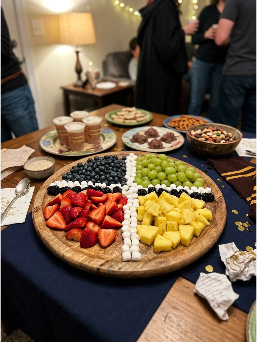 Hogwarts House Fruit Platter. Arrange strawberries, pineapple, blueberries, and green grapes into four sections representing the Hogwarts houses. harry potter party food