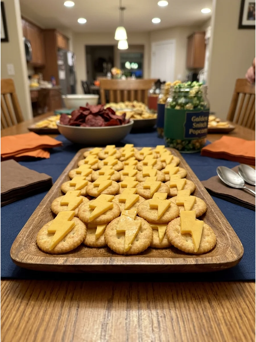 Lightning Bolt Cheese Crackers. Cut slices of cheese into lightning-bolt shapes and serve them over crackers for an easy Harry-inspired appetizer. harry potter party food