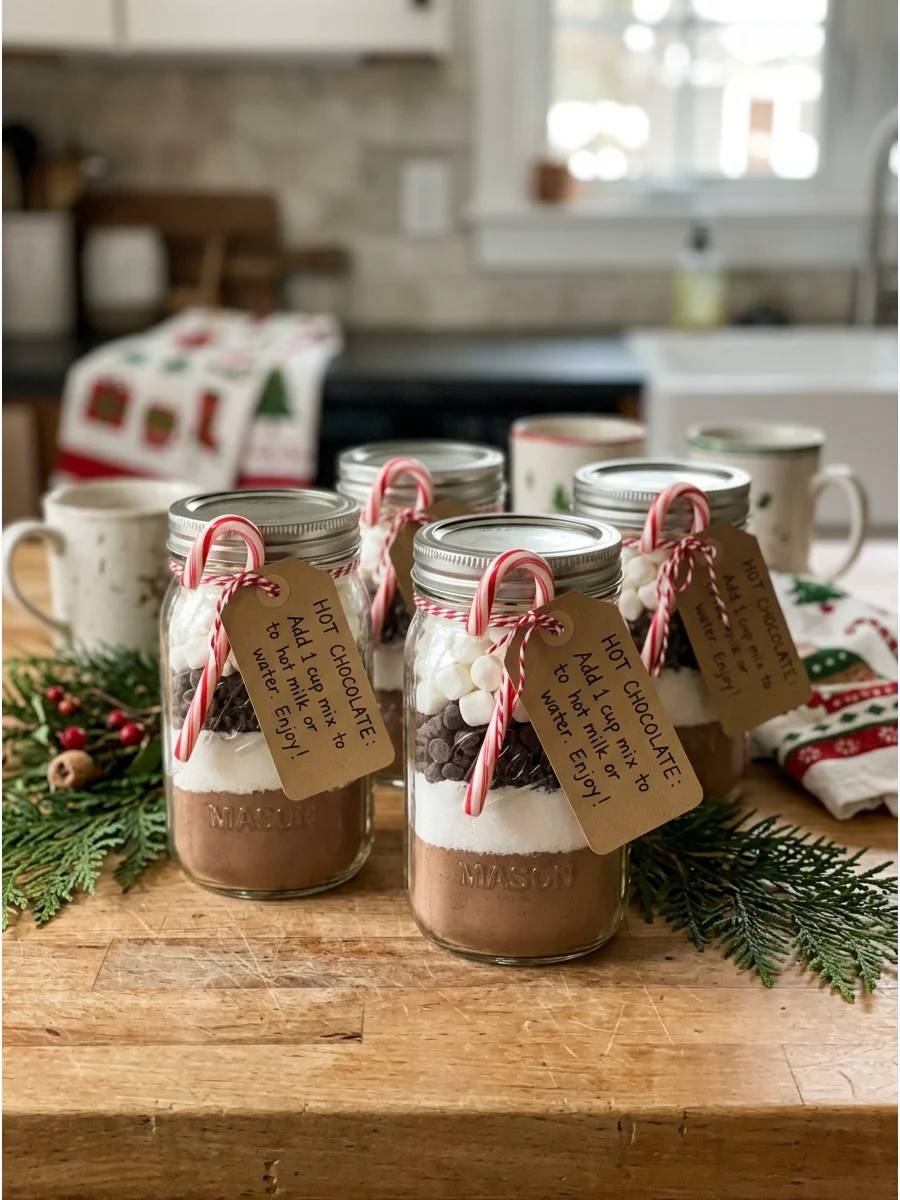 A layered hot chocolate mix jar with a red ribbon.