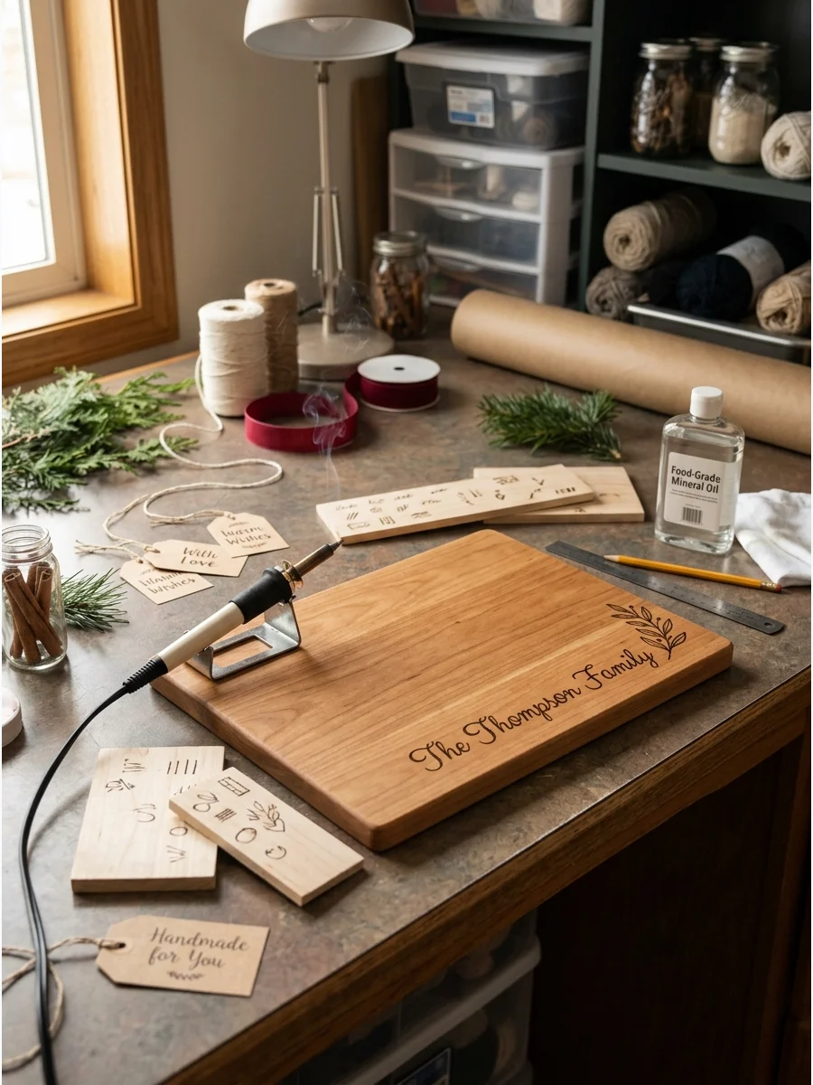 A personalized wood-burned cutting board with a name etched in the corner.