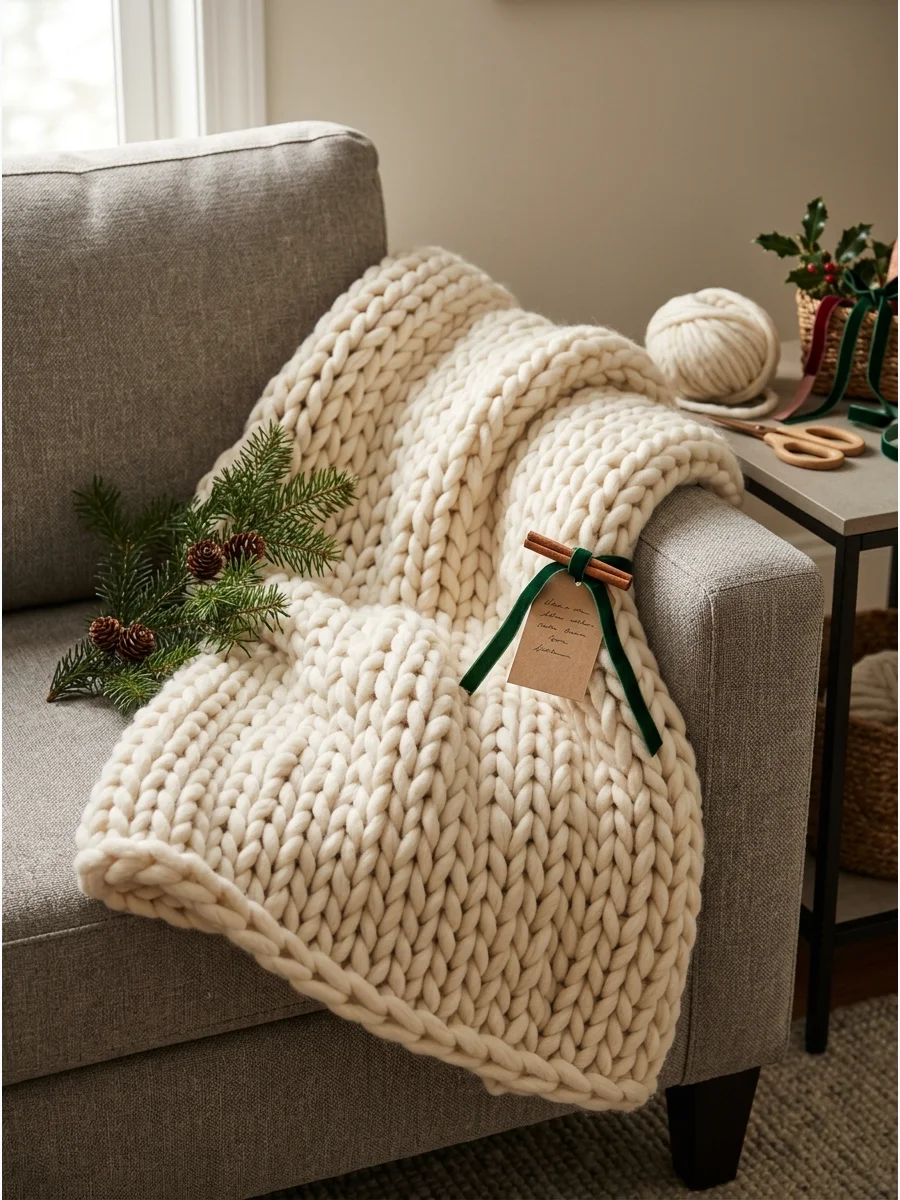 A soft cream-colored chunky knit blanket draped over a sofa arm.
