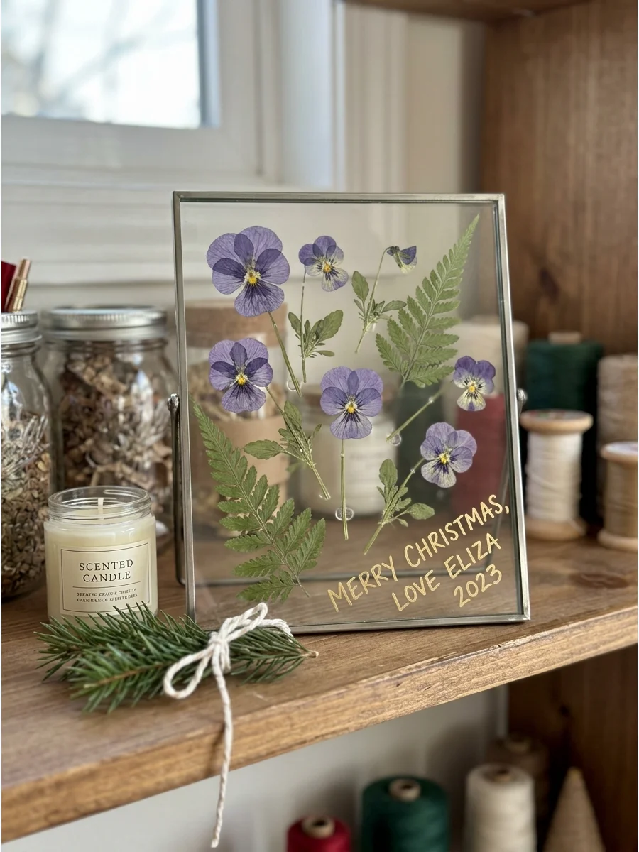 A glass floating frame containing colorful pressed flowers on a shelf.