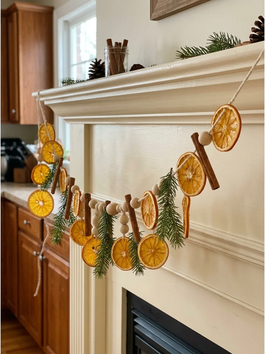 A dried orange and cinnamon garland hanging on a white fireplace mantel.