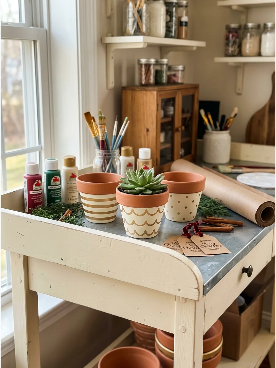 Three painted terracotta pots with geometric designs holding a succulent.
