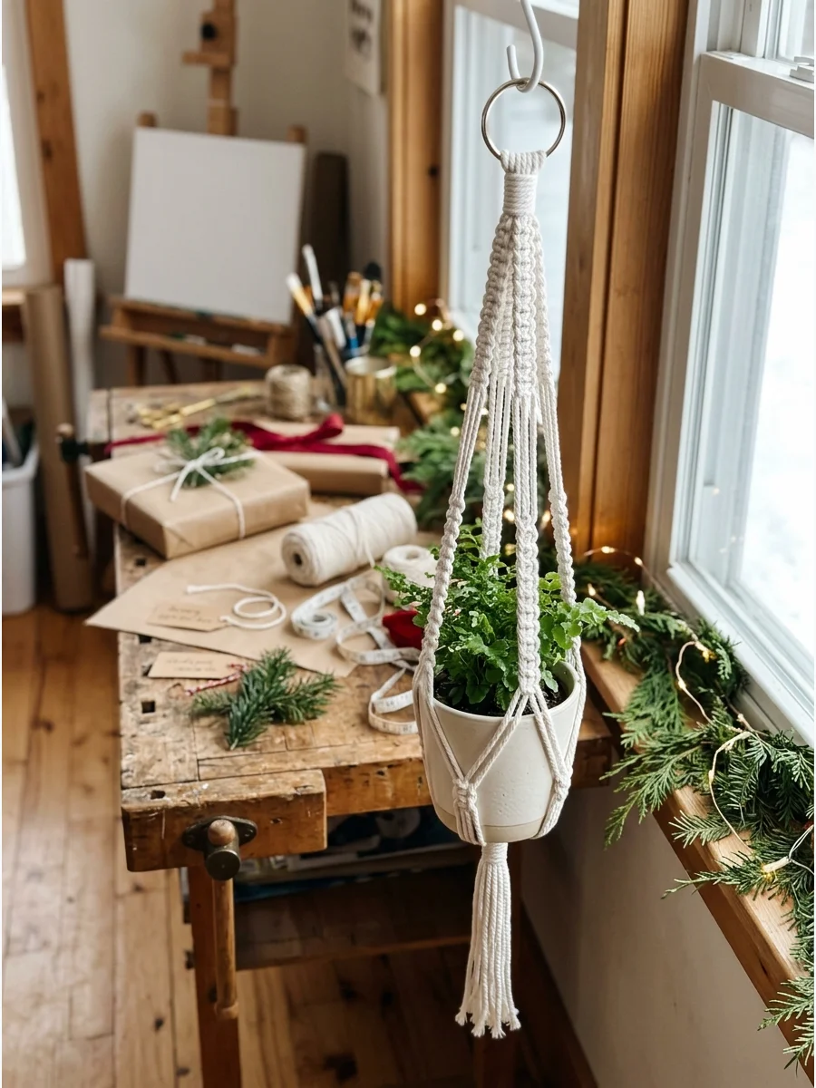 A white macramé plant hanger holding a ceramic pot near a window.