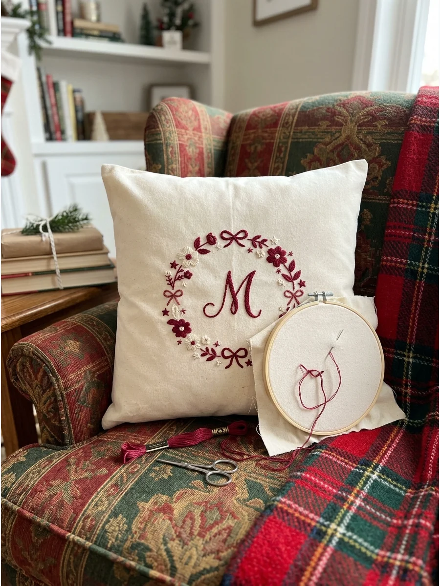 A canvas throw pillow with a hand-embroidered floral initial.