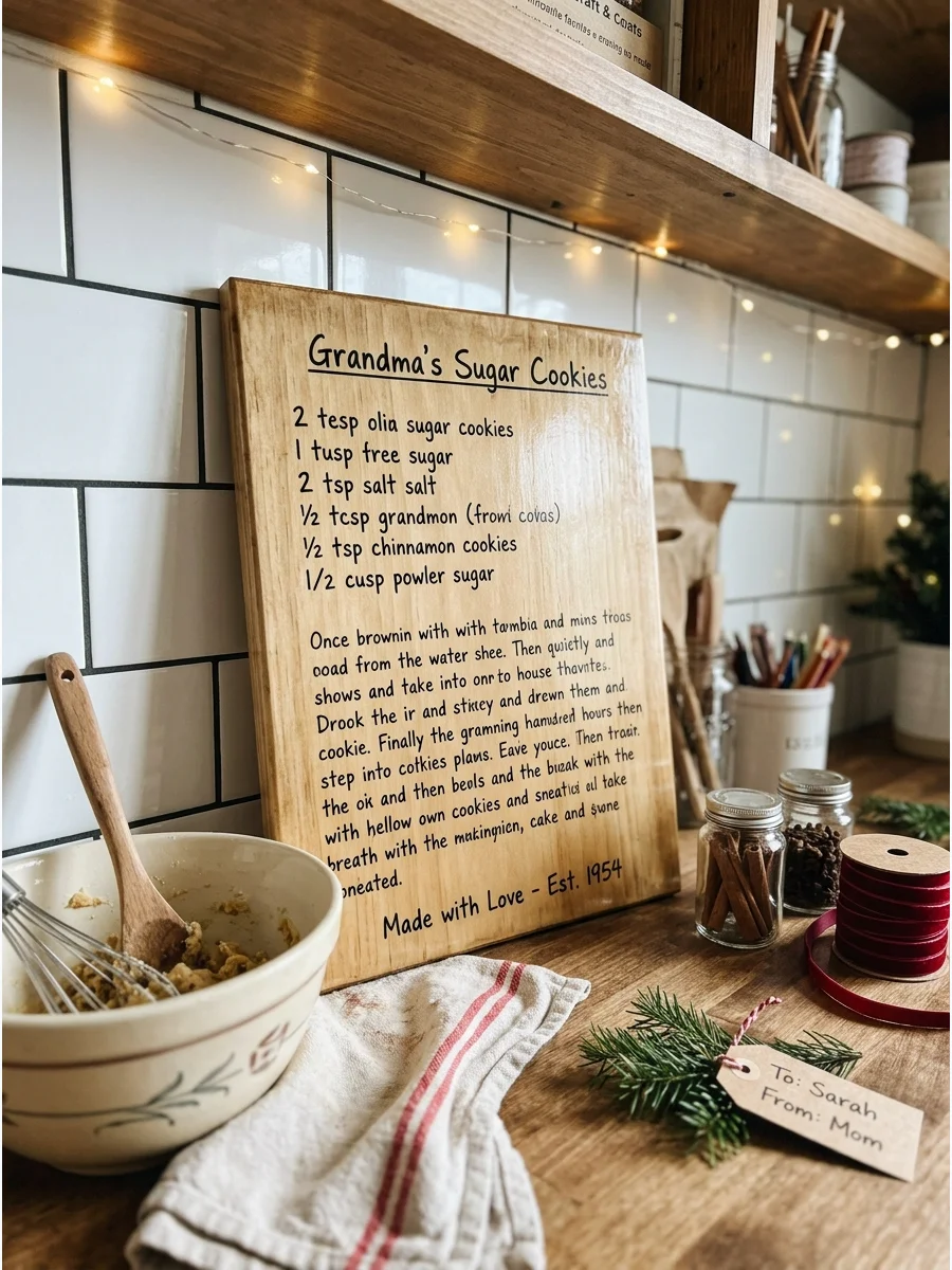 A wooden sign featuring a handwritten family recipe in a kitchen.
