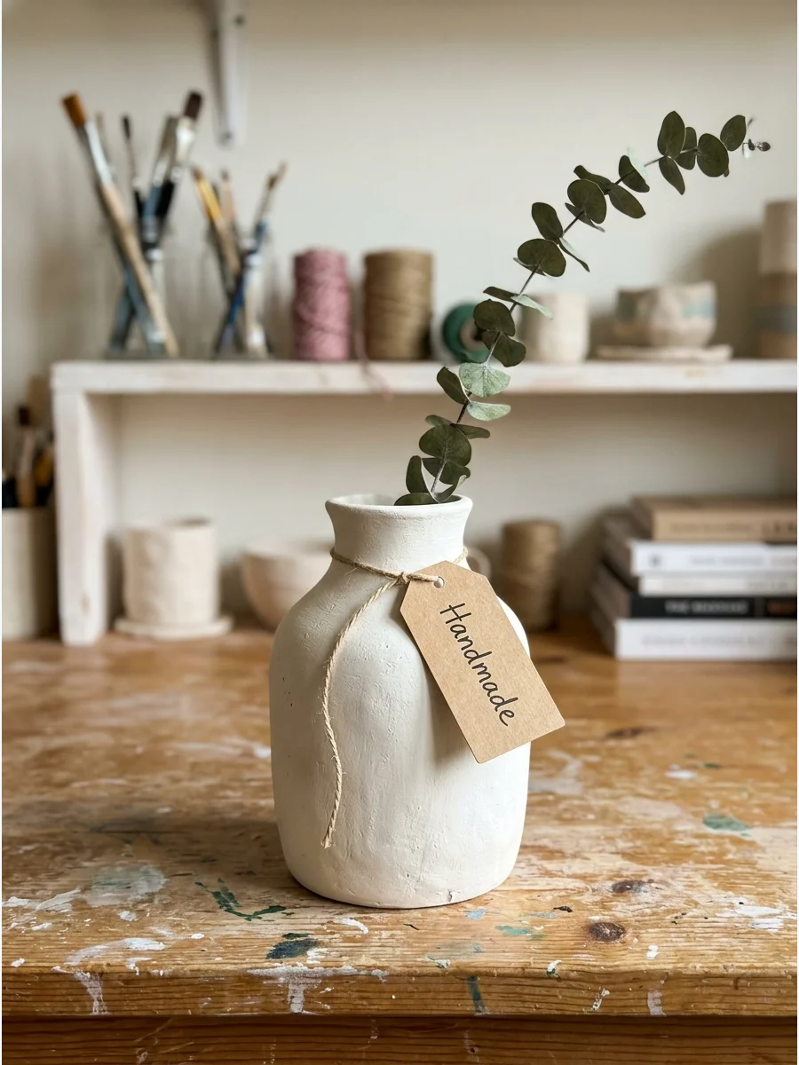 A matte white handmade clay vase holding a eucalyptus branch.