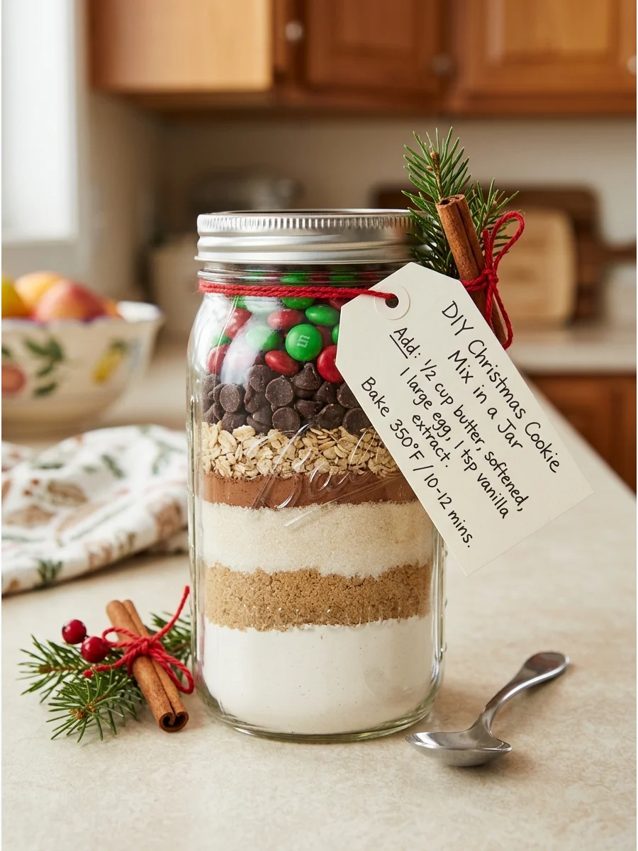 A cookie mix jar with layers of flour and sugar.