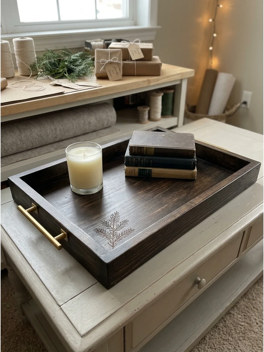 A dark-stained wooden tray with gold handles on a coffee table.
