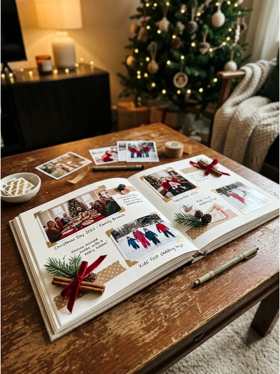A handmade family photo album with handwritten captions on a wooden table.