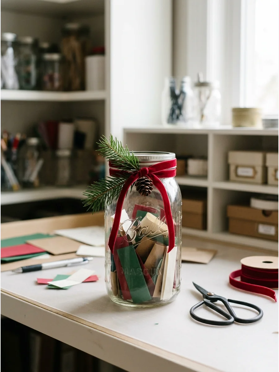 A glass memory jar filled with colorful paper notes on a craft desk.