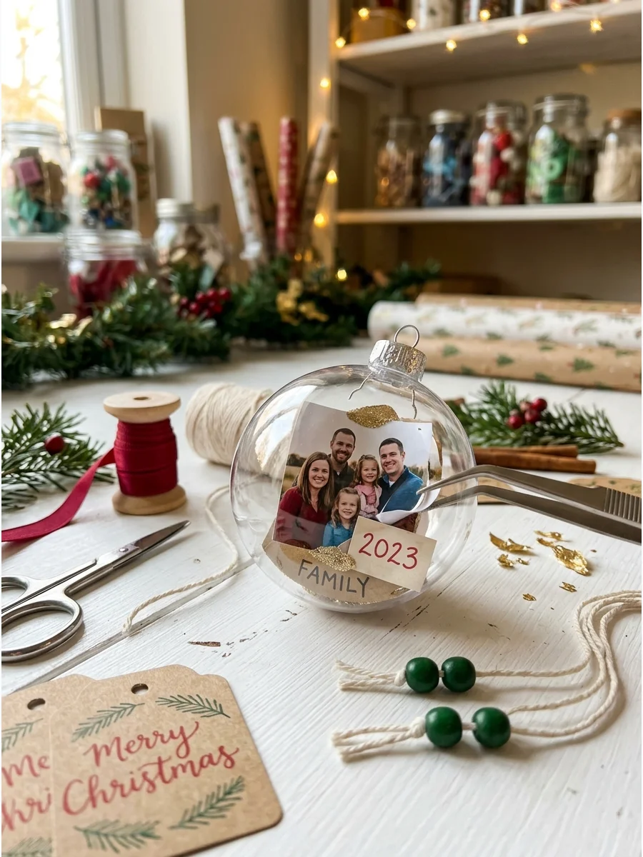 A personalized photo Christmas ornament with faux snow inside.