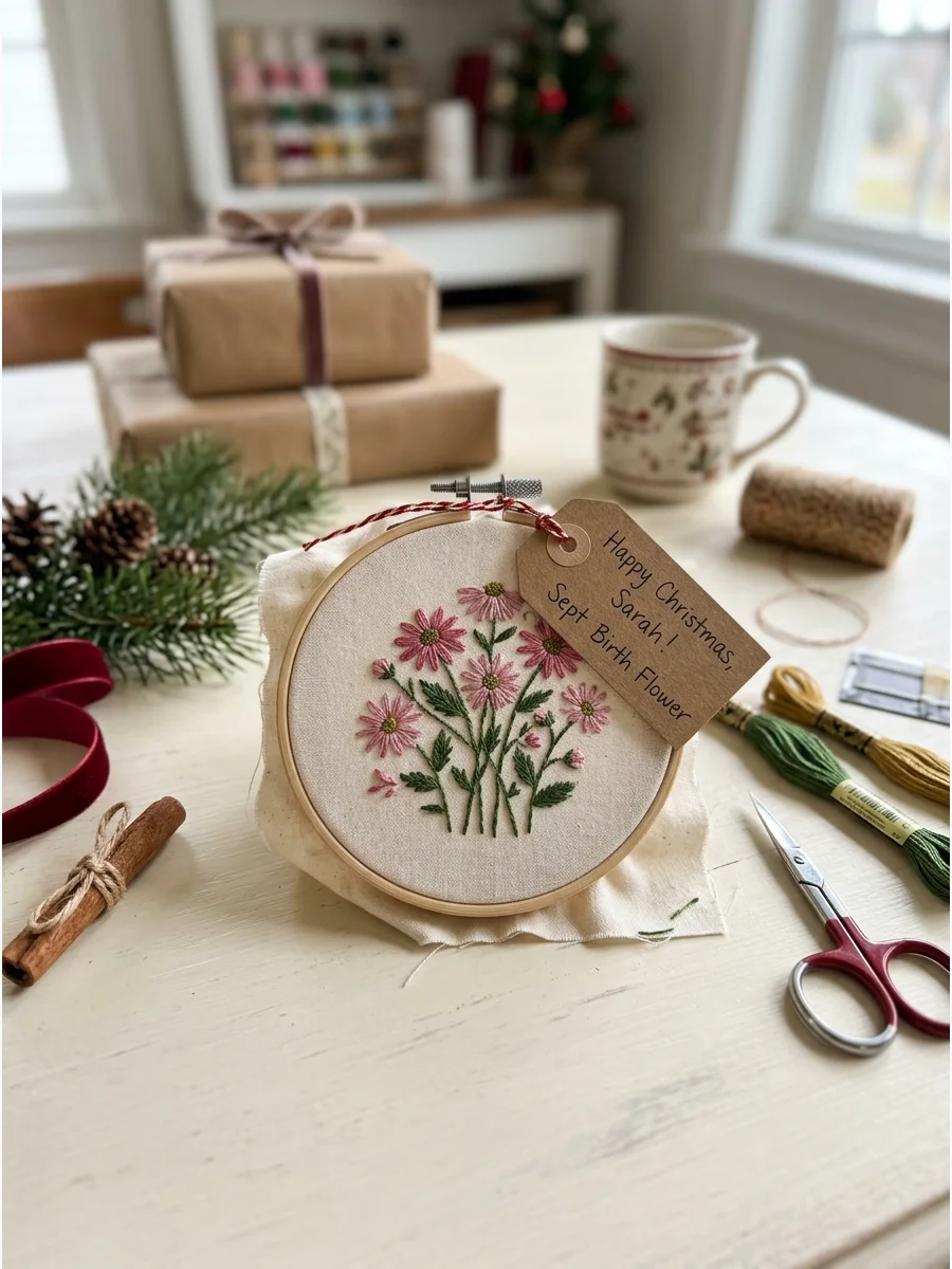 Handmade birth flower embroidery in a wooden hoop.