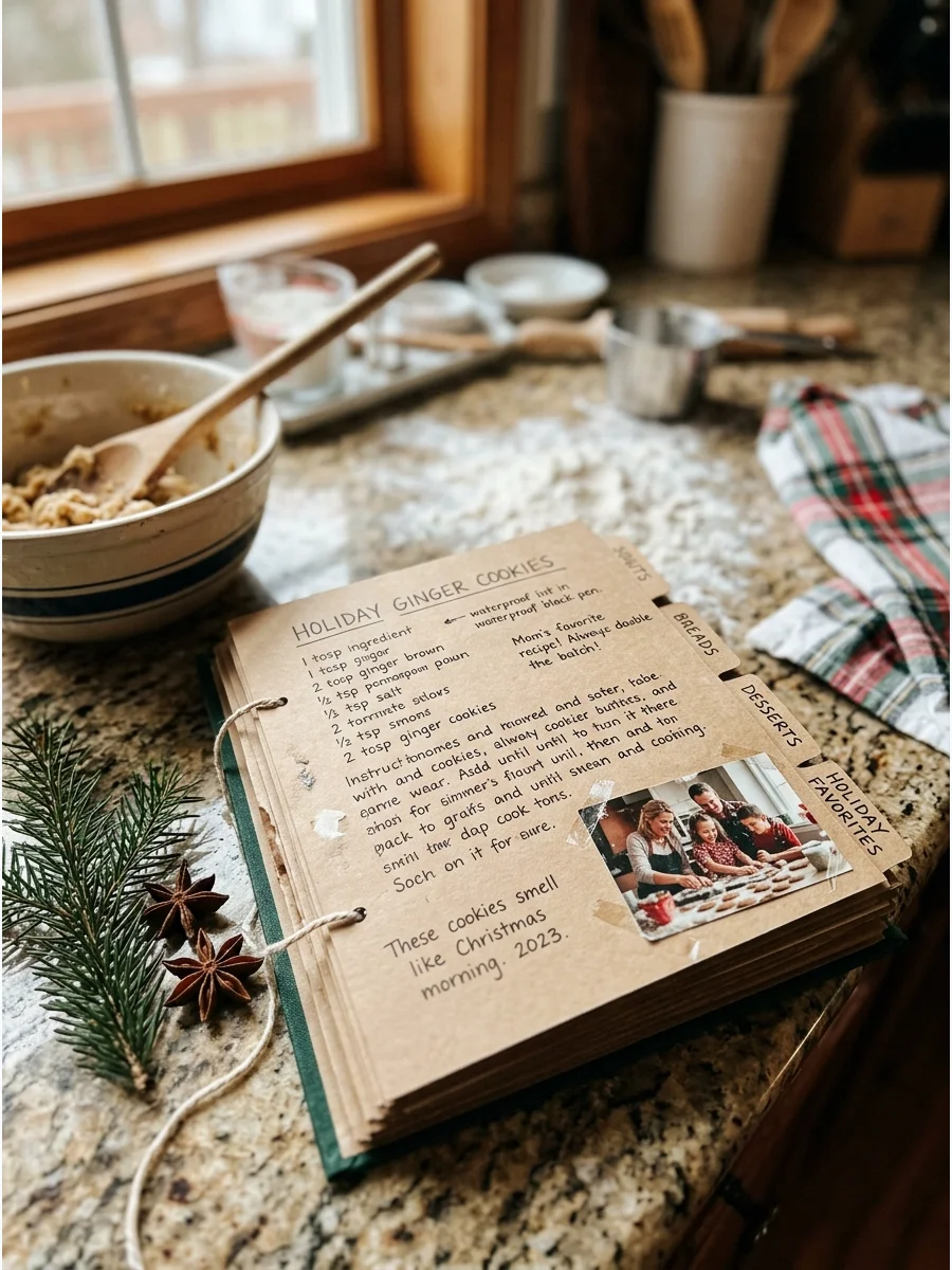 A handwritten recipe book open on a kitchen counter.