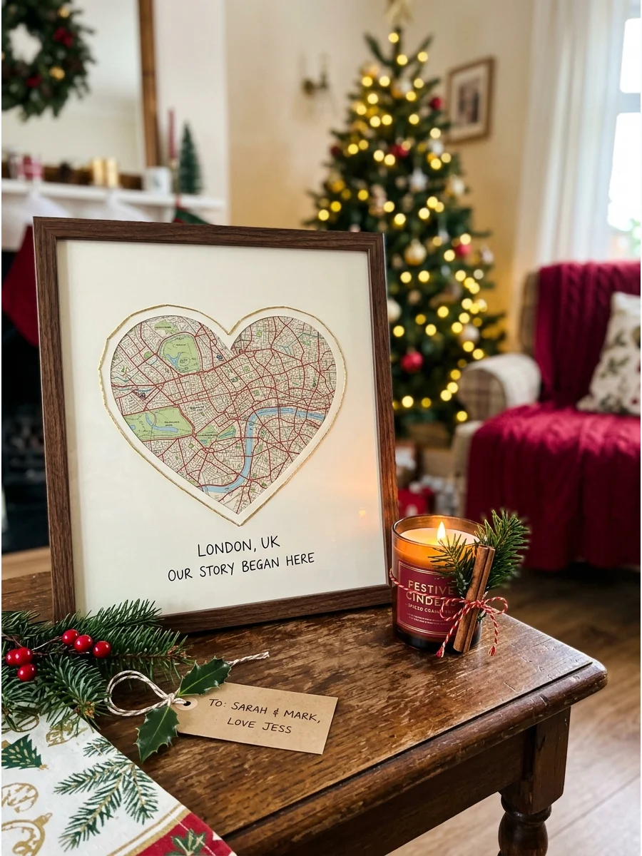 A framed heart-shaped map keepsake on a side table.