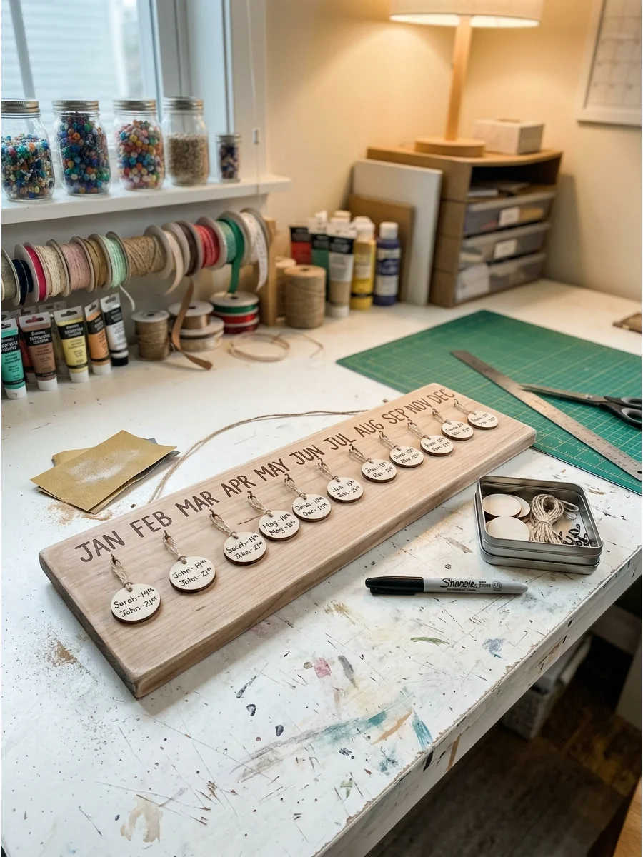 A wooden family birthday calendar with hanging name discs.