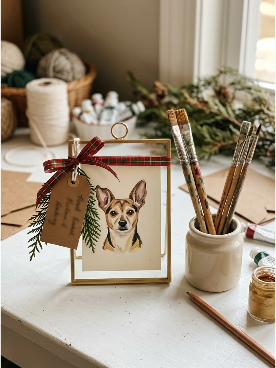 A handmade pet portrait in a small frame on a craft desk.