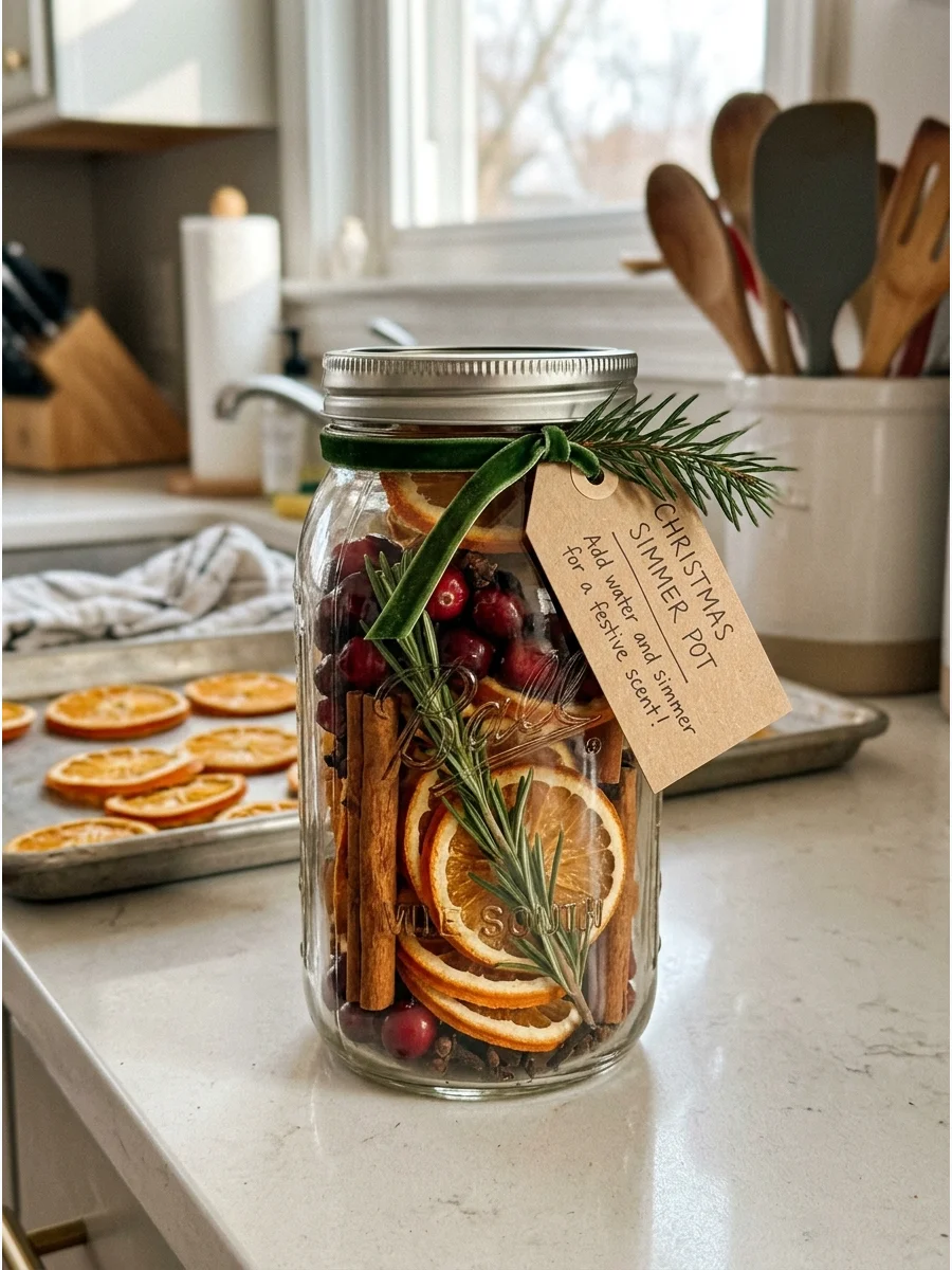 A simmer pot jar with dried fruit and spices.