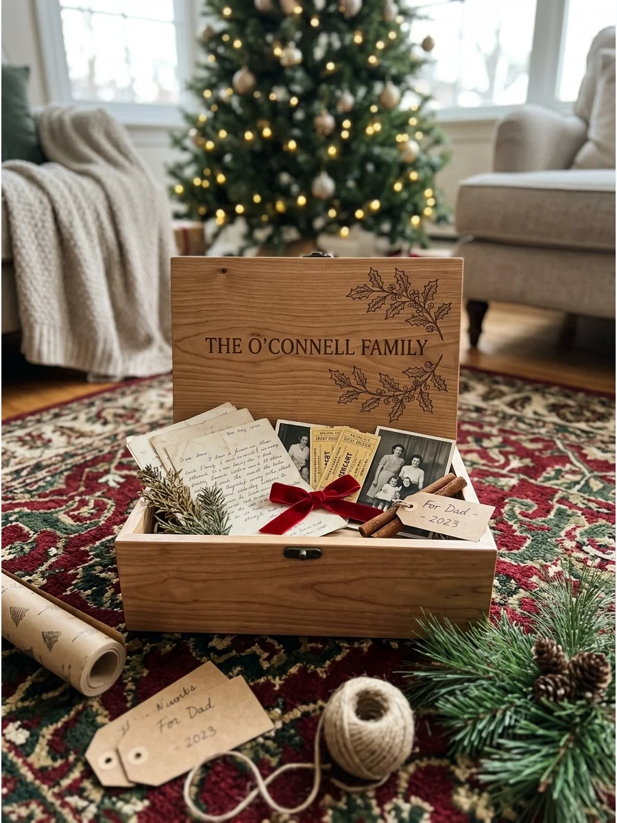 A personalized wooden memory box with a name on the lid.