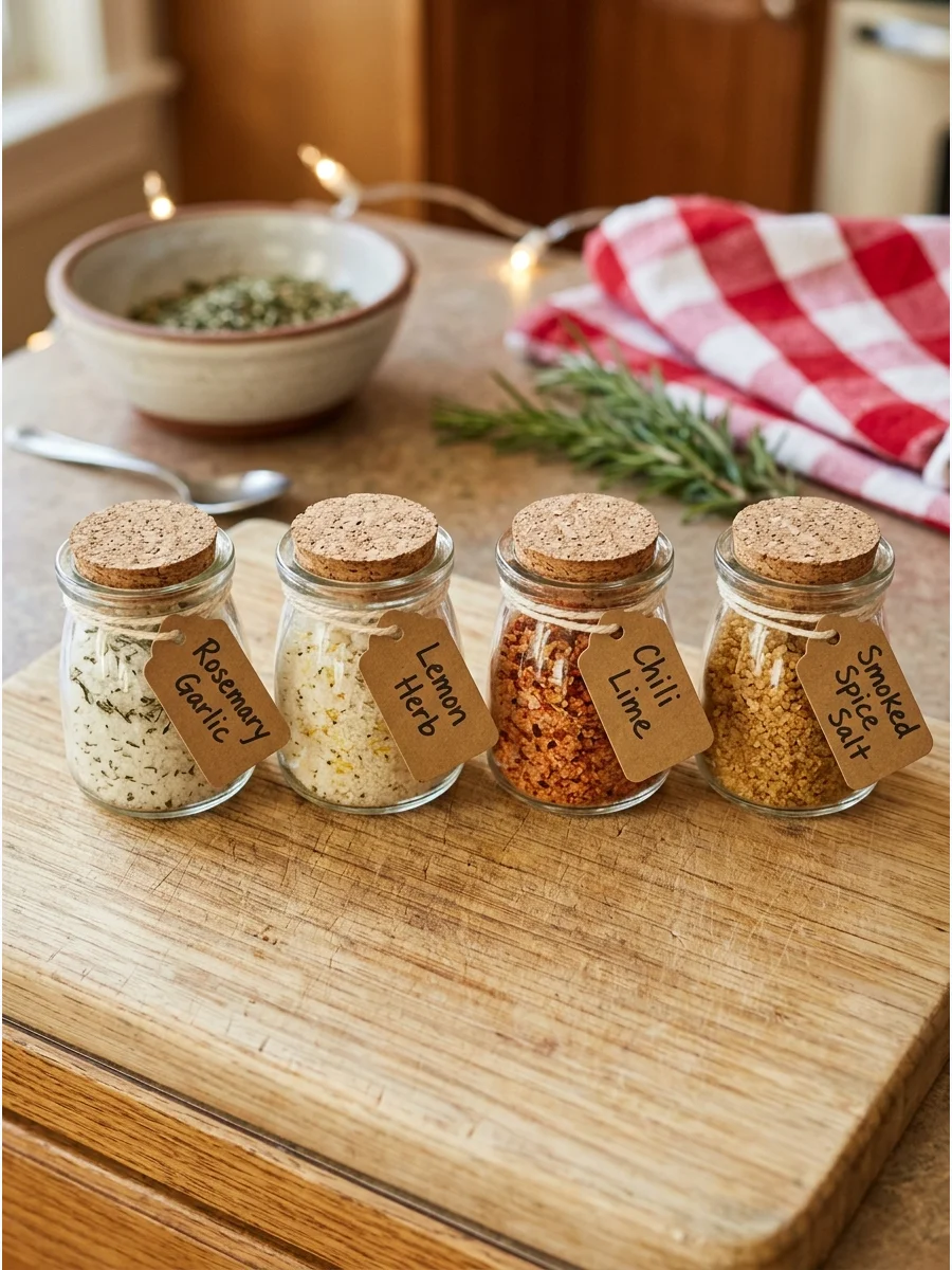 Small glass jars filled with herb and citrus flavored salts on a wooden board.