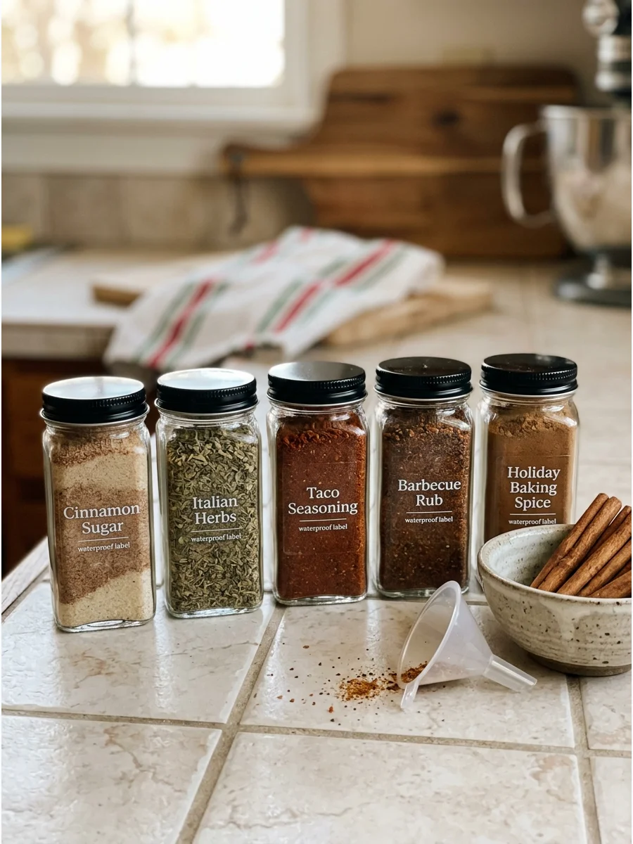 Labeled spice jars with custom seasoning blends on a kitchen counter.