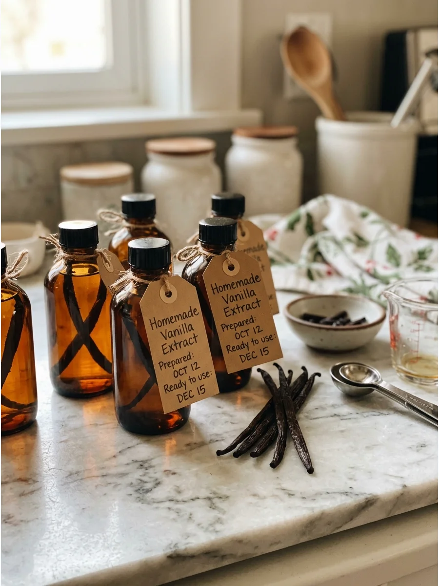 Dark glass bottles of homemade vanilla extract with kraft paper labels.