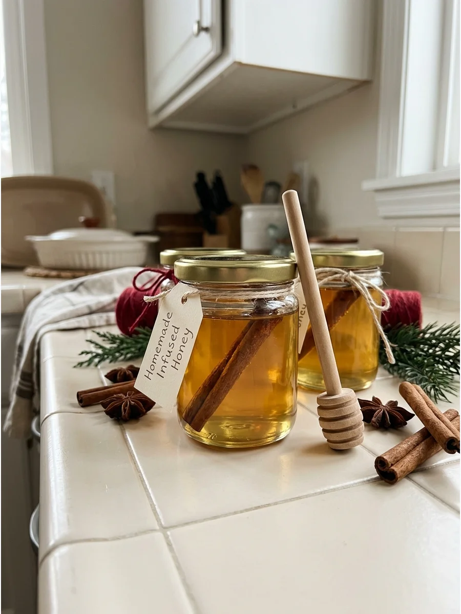 Glass jar of cinnamon infused honey with a wooden dipper on a table.