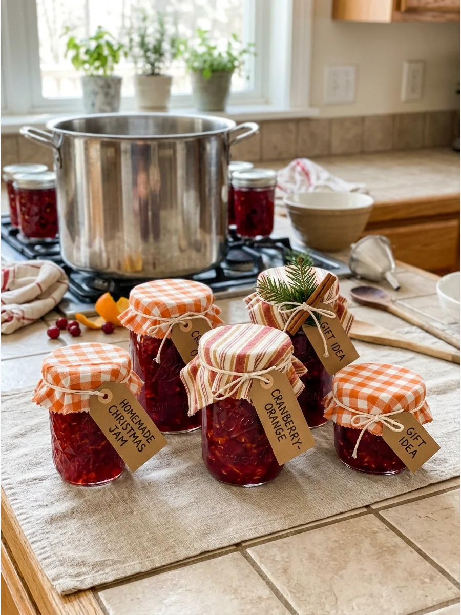 Homemade cranberry jam jars decorated with red fabric and twine.