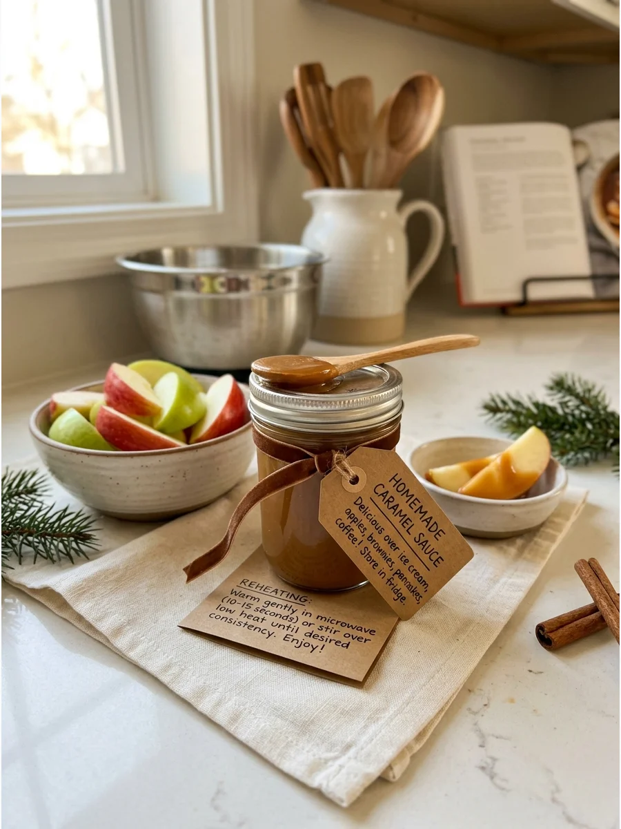 Jar of golden caramel sauce on a kitchen counter with fresh apples.