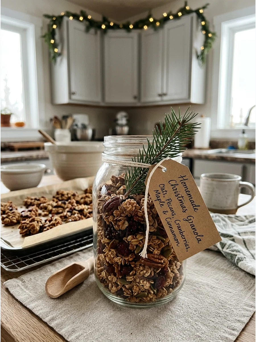 Large glass jar filled with homemade festive granola and dried fruit.
