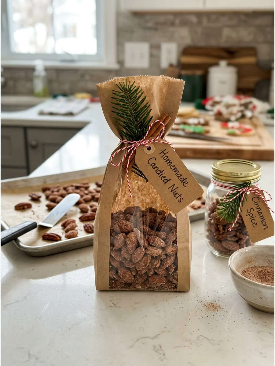 Decorative bag of candied nuts tied with a forest green ribbon.