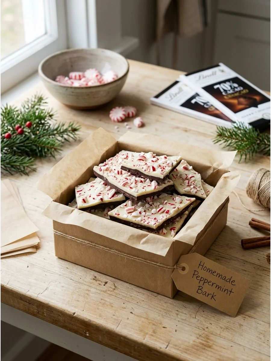 Peppermint bark pieces in a gift box with red and white candy toppings.